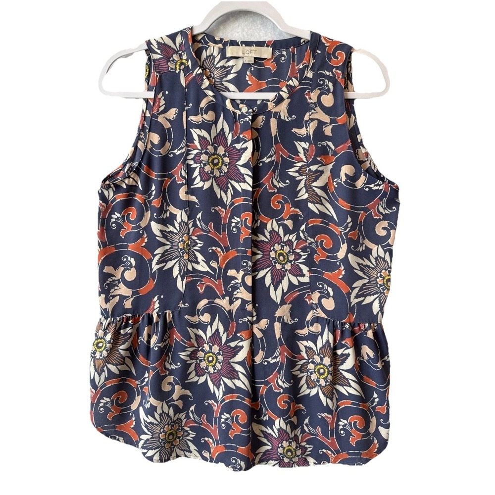 Loft Blue Floral Paisley Sleeveless Ruffle Button Up Top S Boho‎ Chic Resortwear